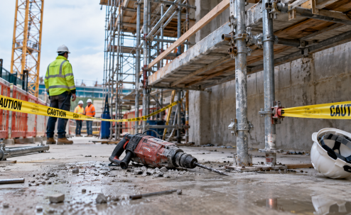 A near-miss scene - a heavy power tool has fallen from scaffolding and crashed to the concrete underneath.